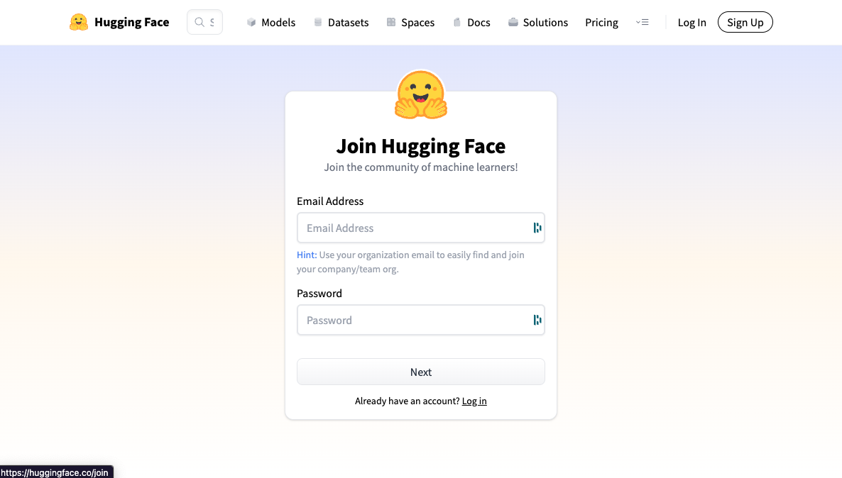 Screenshot of the Hugging Face sign up page
